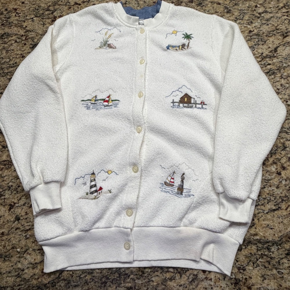 Vintage BonWorth Womens Nautical Cardigan White Lighthouse Sailboat Sweater L